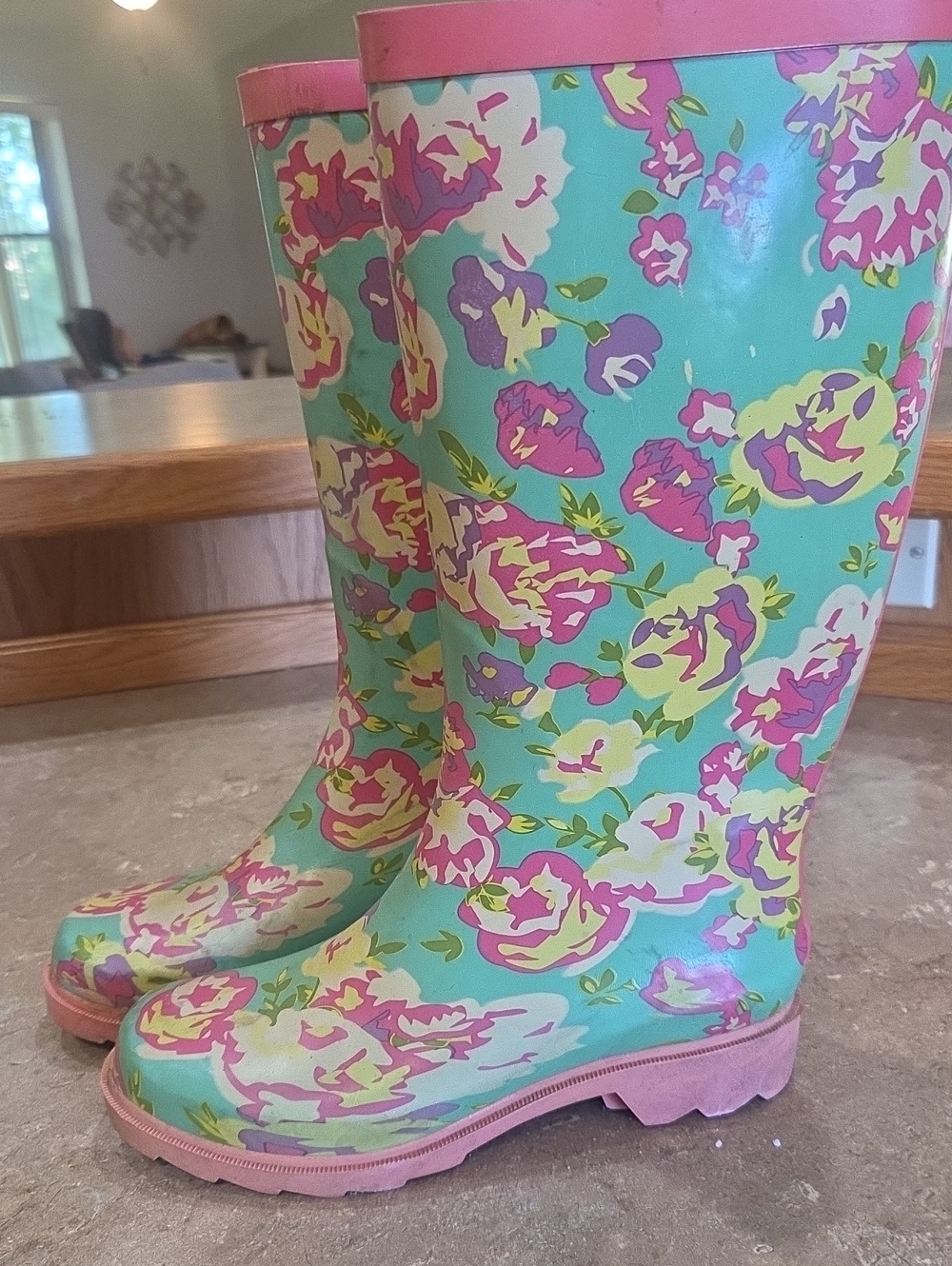 Floral Waterproof Rain Boots for Women - Pink & Turquoise